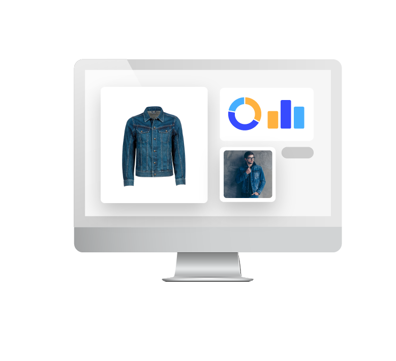 Image of a computer monitor featuring an inset image of a denim jacket on the left and charts and a man wearing the jacket on the right